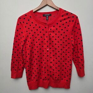 Ellen Tracy Red Navy‎ Polka Dot Button Up Cardigan Sweater 3/4 Sleeve Womens M